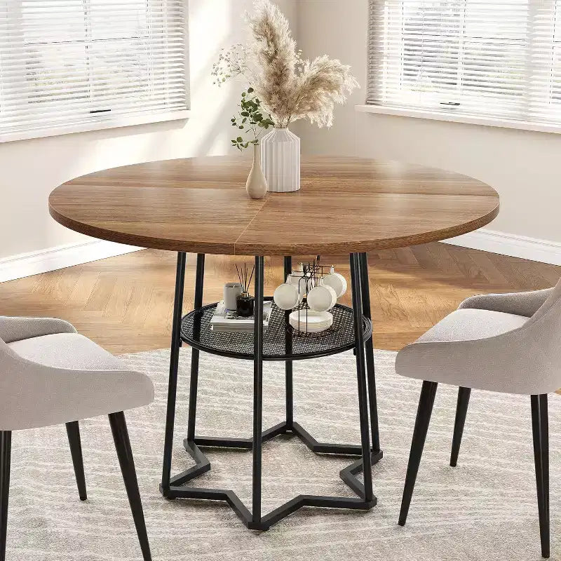 Table à manger ronde Acekool 38,6, piètement métallique hexagonal, filet de rangement dissimulé, 4 places, style moderne, assemblage facile,