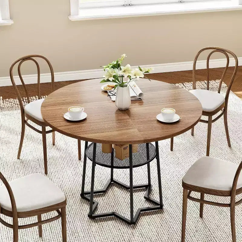 Table à manger ronde Acekool 38,6, piètement métallique hexagonal, filet de rangement dissimulé, 4 places, style moderne, assemblage facile,