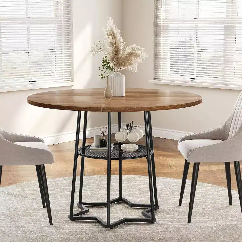 Table à manger ronde Acekool 38,6, piètement métallique hexagonal, filet de rangement dissimulé, 4 places, style moderne, assemblage facile,