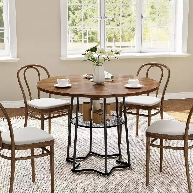 Acekool 38.6 Round Dining Table, Hexagon Metal Base, Hidden Storage Net, Seats 4, Modern Style, Easy Assembly,