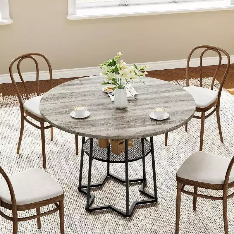 Table à manger ronde Acekool 38,6, piètement métallique hexagonal, filet de rangement dissimulé, 4 places, style moderne, assemblage facile,