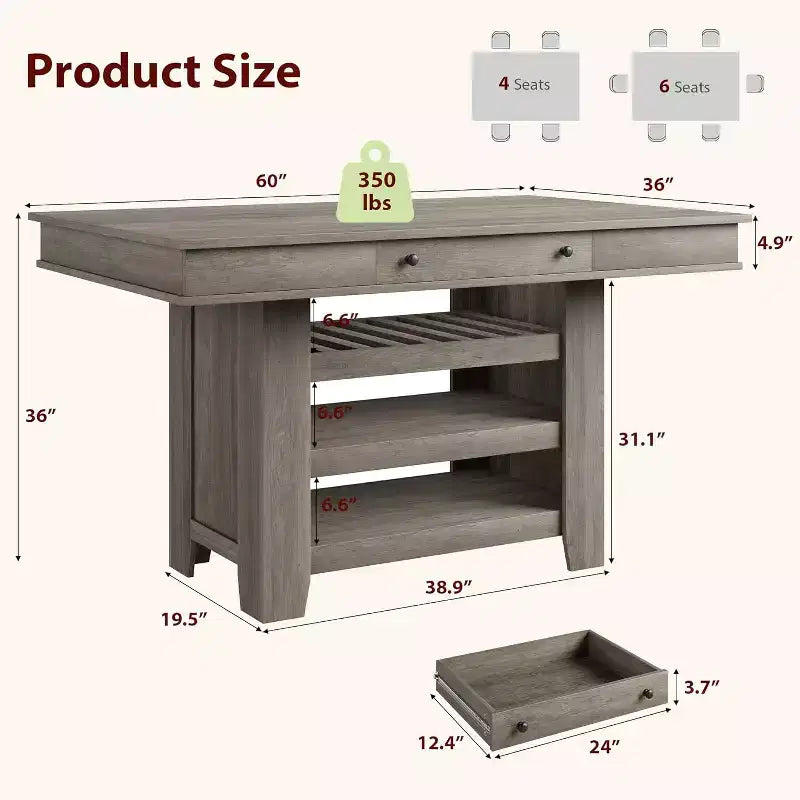 Table de salle à manger de 152 cm de hauteur avec porte-jus et étagères, table de cuisine style ferme de hauteur bar, table haute rectangulaire pour salle à manger ou bar à la maison