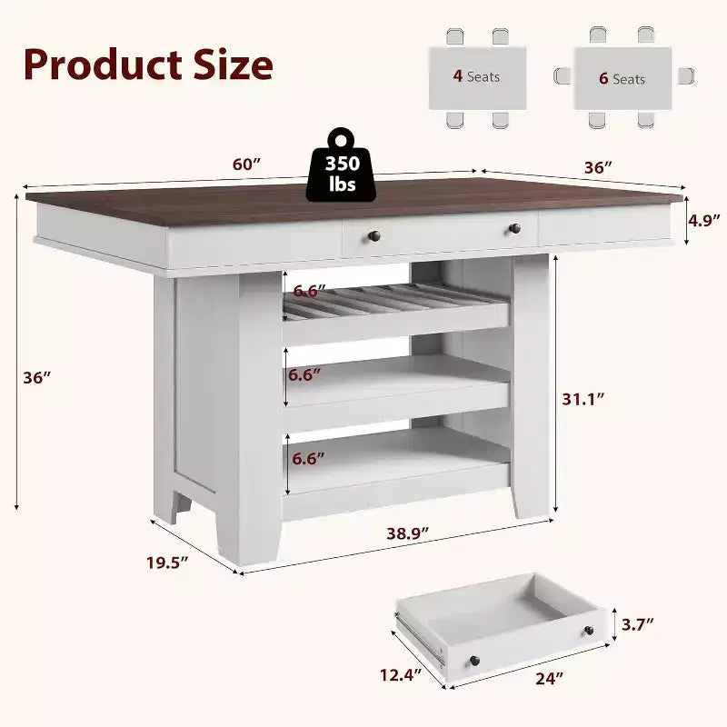 Table de salle à manger de 152 cm de hauteur avec porte-jus et étagères, table de cuisine style ferme de hauteur bar, table haute rectangulaire pour salle à manger ou bar à la maison