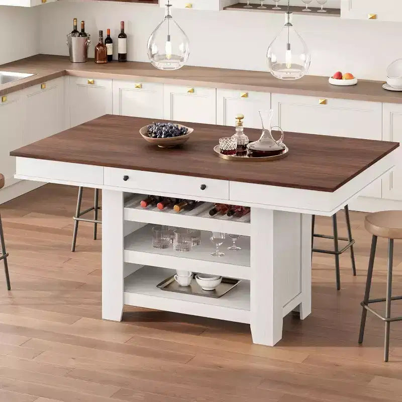 60 Counter Height Dining Table with Juice Rack & Shelves, Farmhouse Bar Height Kitchen Table, Rectangular Tall Table for Dining Room or Home Bar