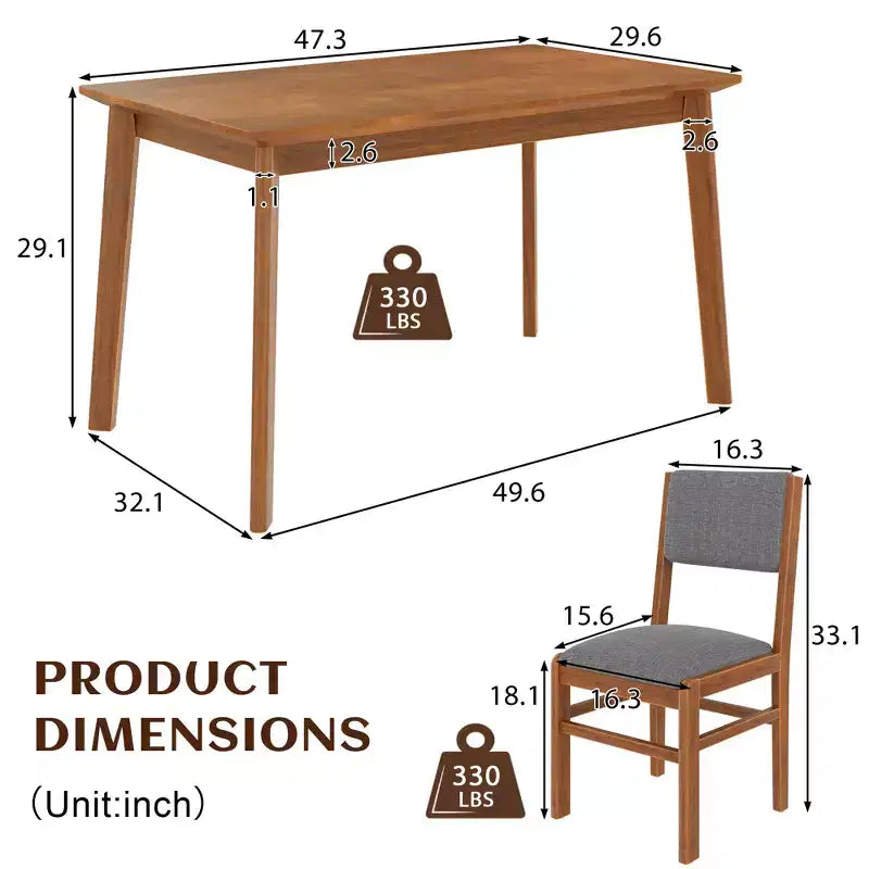 Ensemble de salle à manger compact pour 4 personnes, 5 pièces, style rétro, avec table rectangulaire en bois et 4 chaises rembourrées.