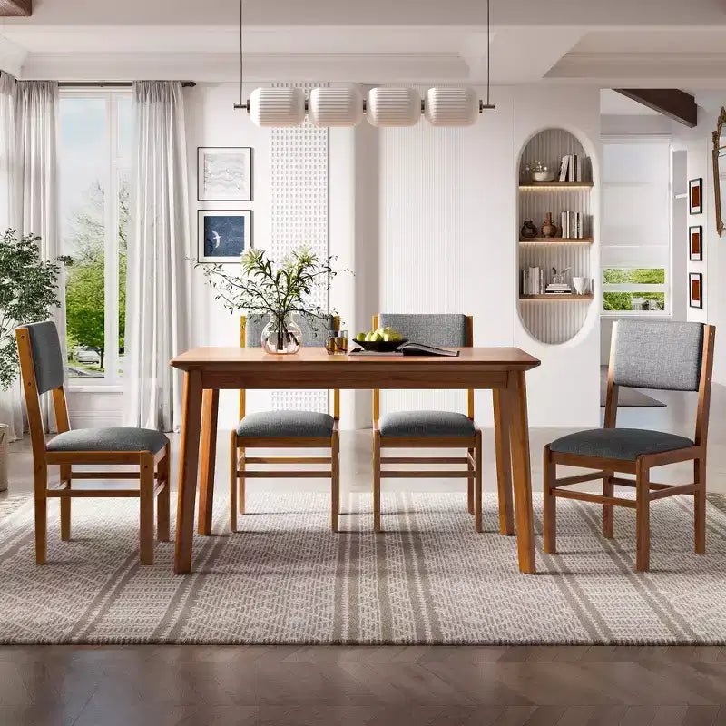Ensemble de salle à manger compact pour 4 personnes, 5 pièces, style rétro, avec table rectangulaire en bois et 4 chaises rembourrées.