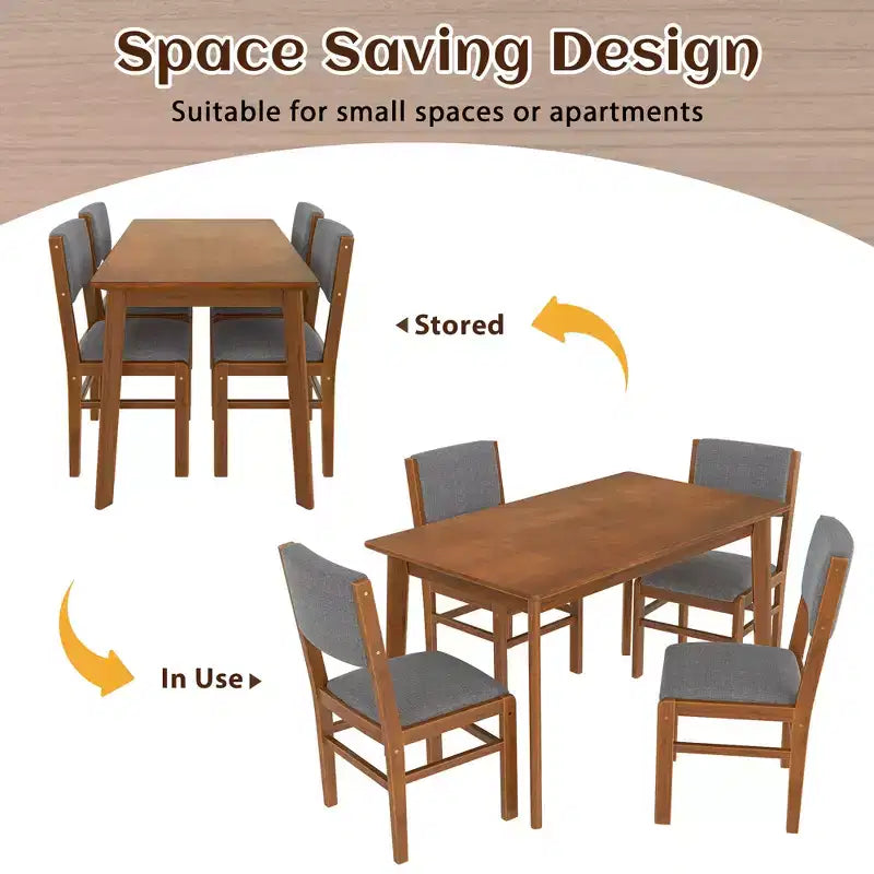 Ensemble de salle à manger compact pour 4 personnes, 5 pièces, style rétro, avec table rectangulaire en bois et 4 chaises rembourrées.