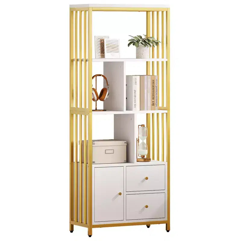 Étagère à livres à 4 niveaux de 62 pouces en or avec 3 tiroirs et une porte, vitrine de rangement en métal doré et blanc pour le salon et le bureau