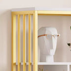 Étagère à livres à 4 niveaux de 62 pouces en or avec 3 tiroirs et une porte, vitrine de rangement en métal doré et blanc pour le salon et le bureau