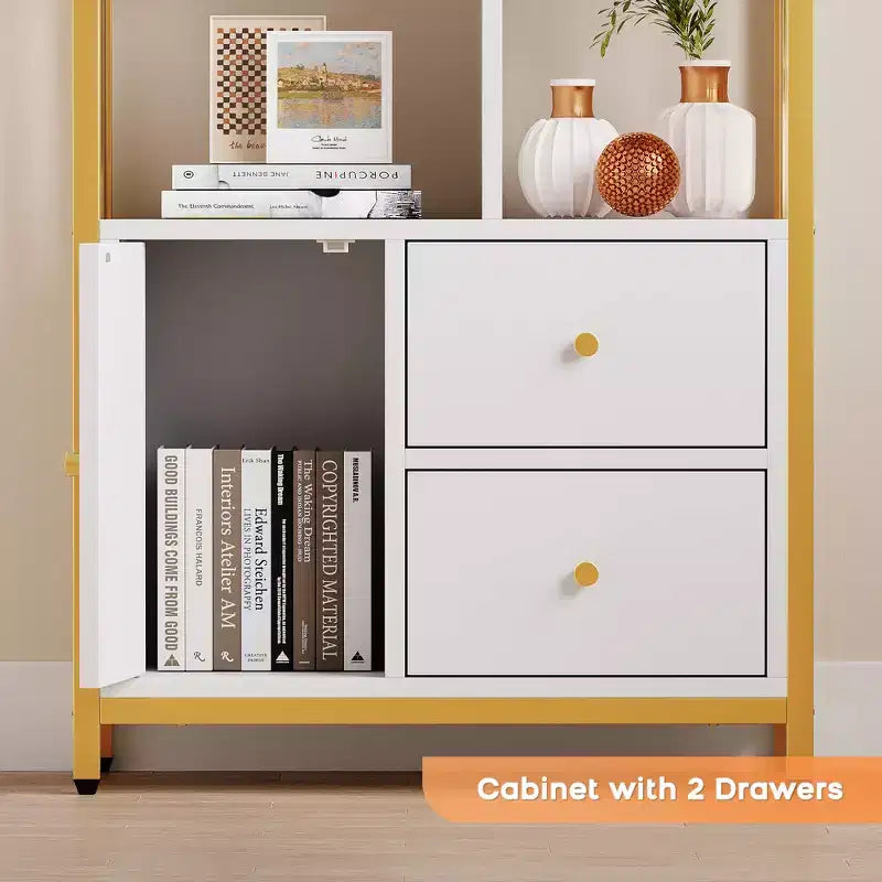 Étagère à livres à 4 niveaux de 62 pouces en or avec 3 tiroirs et une porte, vitrine de rangement en métal doré et blanc pour le salon et le bureau