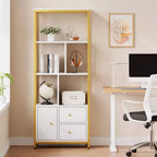 Étagère à livres à 4 niveaux de 62 pouces en or avec 3 tiroirs et une porte, vitrine de rangement en métal doré et blanc pour le salon et le bureau