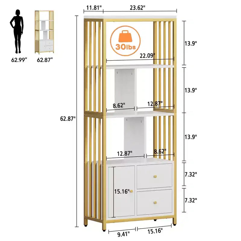 Étagère à livres à 4 niveaux de 62 pouces en or avec 3 tiroirs et une porte, vitrine de rangement en métal doré et blanc pour le salon et le bureau