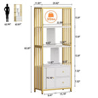 Étagère à livres à 4 niveaux de 62 pouces en or avec 3 tiroirs et une porte, vitrine de rangement en métal doré et blanc pour le salon et le bureau