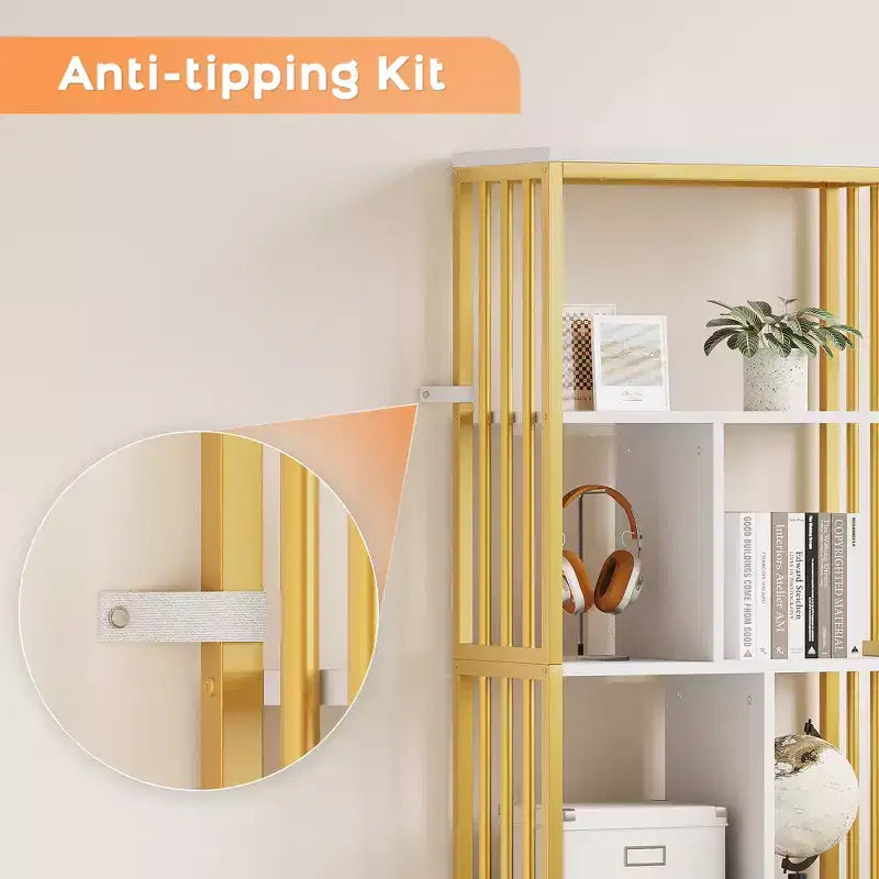 Étagère à livres à 4 niveaux de 62 pouces en or avec 3 tiroirs et une porte, vitrine de rangement en métal doré et blanc pour le salon et le bureau