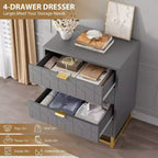 Commode 4 tiroirs pour chambre à coucher, commode moderne avec pieds et poignées en métal doré, meuble de rangement en bois pour salon, couloir