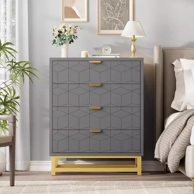 Commode 4 tiroirs pour chambre à coucher, commode moderne avec pieds et poignées en métal doré, meuble de rangement en bois pour salon, couloir
