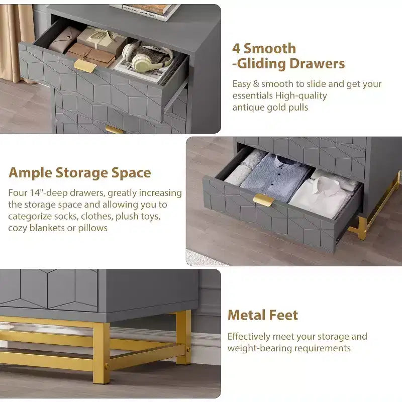 Commode 4 tiroirs pour chambre à coucher, commode moderne avec pieds et poignées en métal doré, meuble de rangement en bois pour salon, couloir