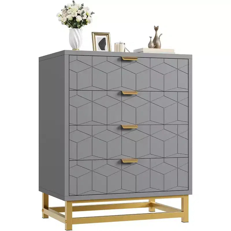 Commode 4 tiroirs pour chambre à coucher, commode moderne avec pieds et poignées en métal doré, meuble de rangement en bois pour salon, couloir