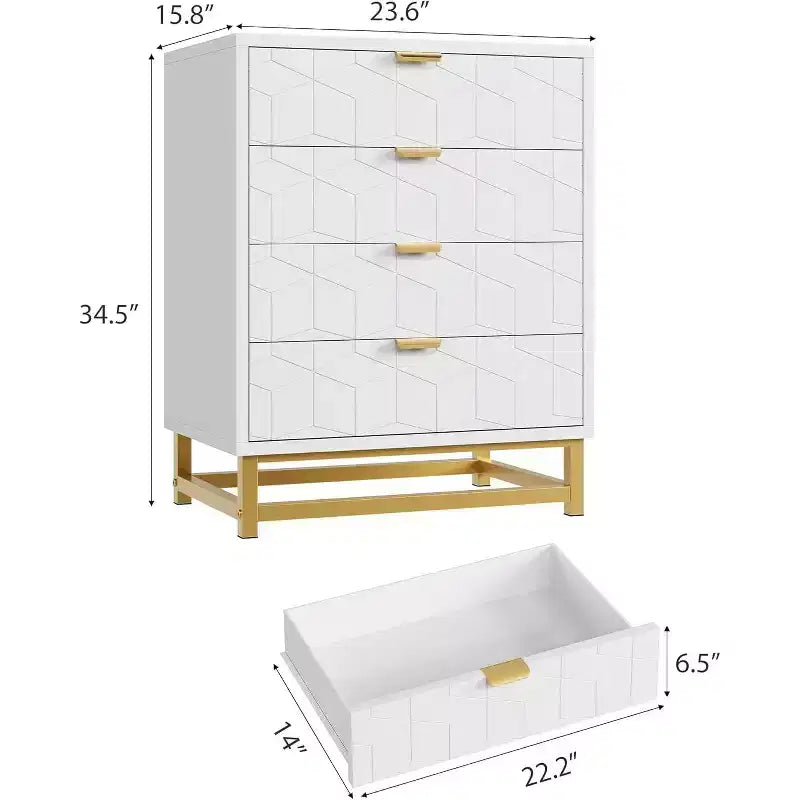 Commode 4 tiroirs pour chambre à coucher, commode moderne avec pieds et poignées en métal doré, meuble de rangement en bois pour salon, couloir