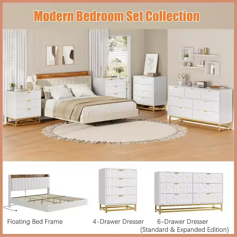 Commode 4 tiroirs pour chambre à coucher, commode moderne avec pieds et poignées en métal doré, meuble de rangement en bois pour salon, couloir