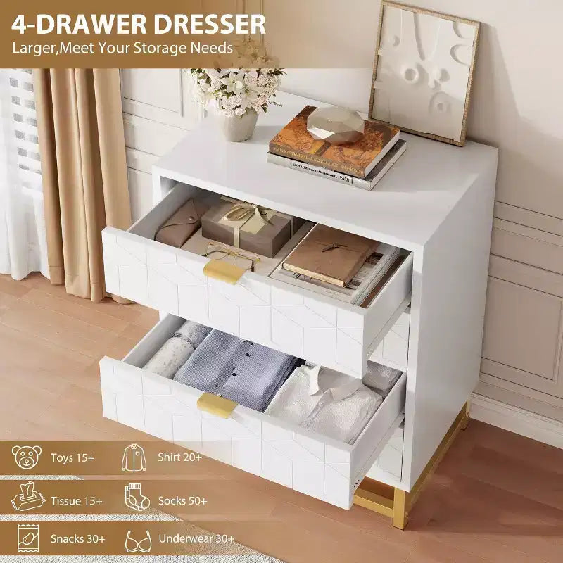 Commode 4 tiroirs pour chambre à coucher, commode moderne avec pieds et poignées en métal doré, meuble de rangement en bois pour salon, couloir