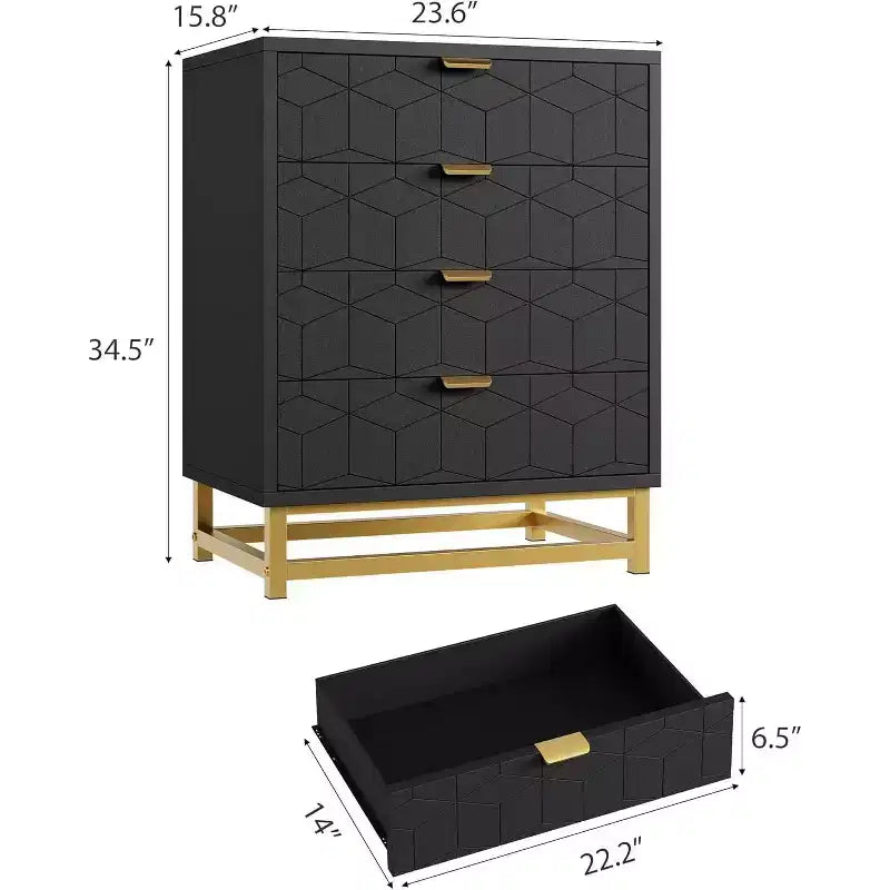 Commode 4 tiroirs pour chambre à coucher, commode moderne avec pieds et poignées en métal doré, meuble de rangement en bois pour salon, couloir