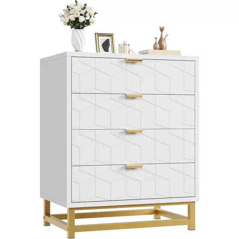 Commode 4 tiroirs pour chambre à coucher, commode moderne avec pieds et poignées en métal doré, meuble de rangement en bois pour salon, couloir