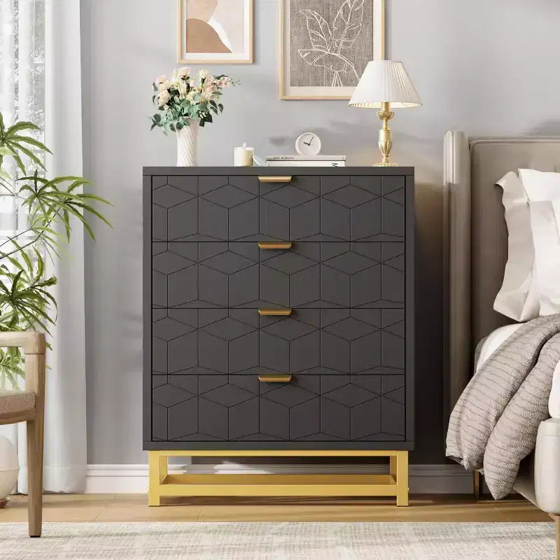 Commode 4 tiroirs pour chambre à coucher, commode moderne avec pieds et poignées en métal doré, meuble de rangement en bois pour salon, couloir