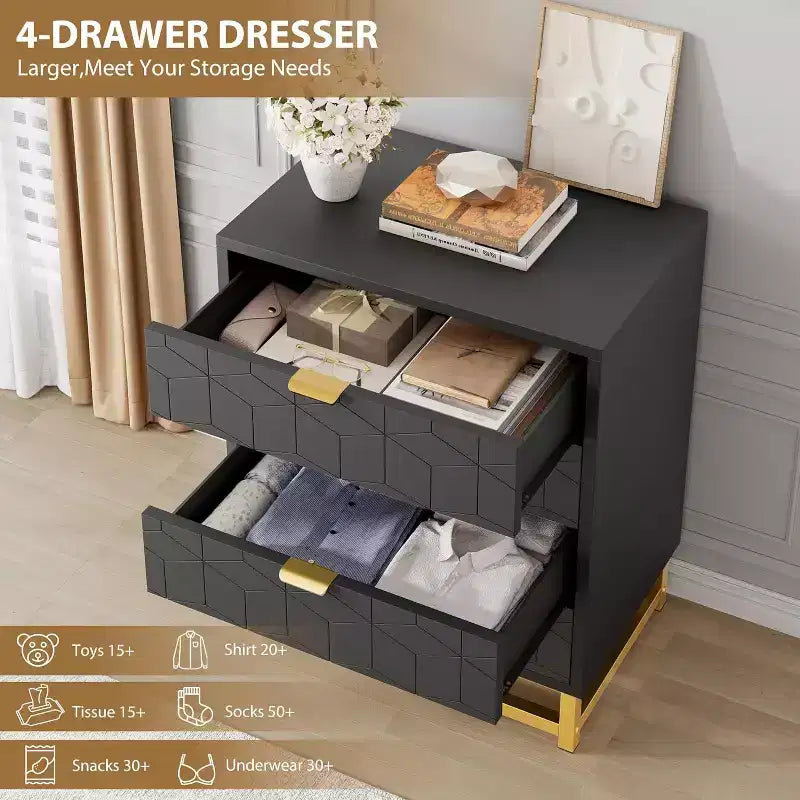 Commode 4 tiroirs pour chambre à coucher, commode moderne avec pieds et poignées en métal doré, meuble de rangement en bois pour salon, couloir