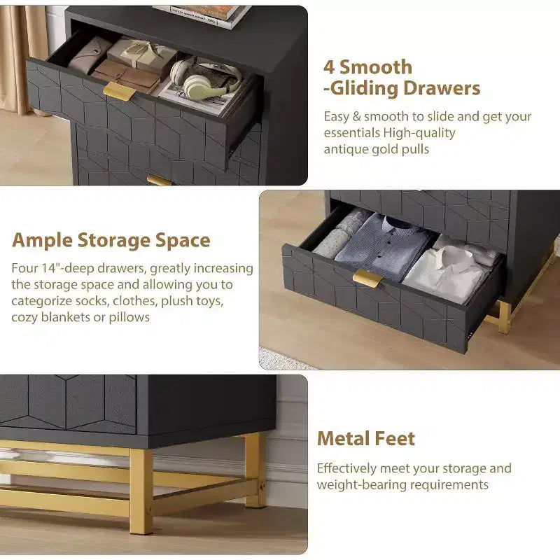 Commode 4 tiroirs pour chambre à coucher, commode moderne avec pieds et poignées en métal doré, meuble de rangement en bois pour salon, couloir