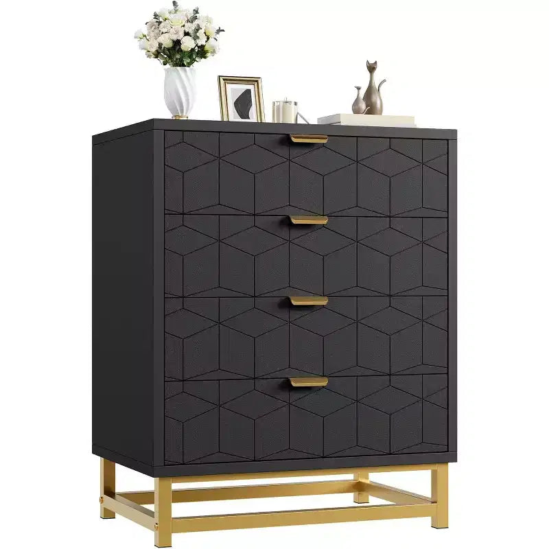 Commode 4 tiroirs pour chambre à coucher, commode moderne avec pieds et poignées en métal doré, meuble de rangement en bois pour salon, couloir