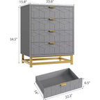 Commode 4 tiroirs pour chambre à coucher, commode moderne avec pieds et poignées en métal doré, meuble de rangement en bois pour salon, couloir