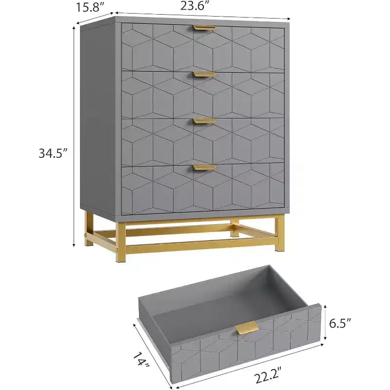 Commode 4 tiroirs pour chambre à coucher, commode moderne avec pieds et poignées en métal doré, meuble de rangement en bois pour salon, couloir