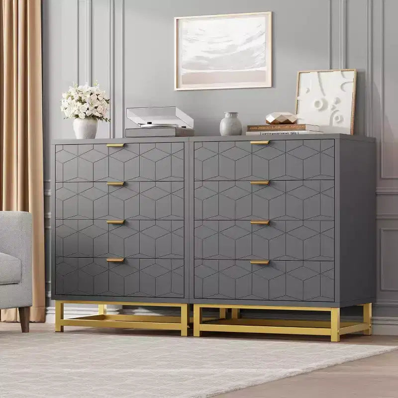 Commode 4 tiroirs pour chambre à coucher, commode moderne avec pieds et poignées en métal doré, meuble de rangement en bois pour salon, couloir