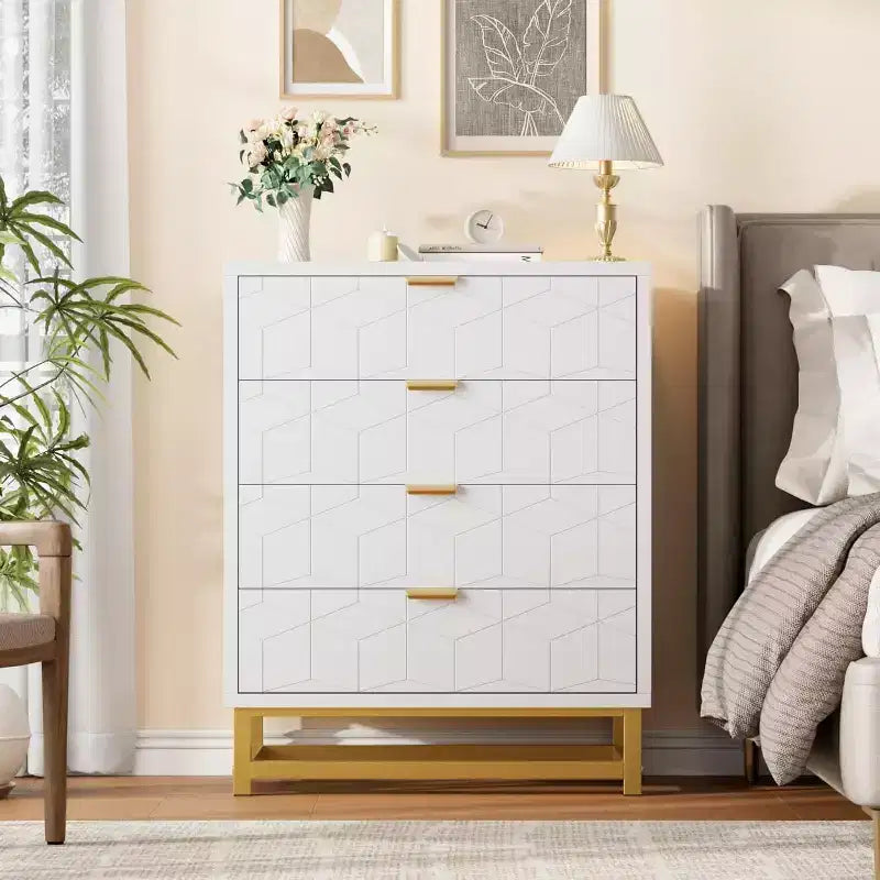 Commode 4 tiroirs pour chambre à coucher, commode moderne avec pieds et poignées en métal doré, meuble de rangement en bois pour salon, couloir