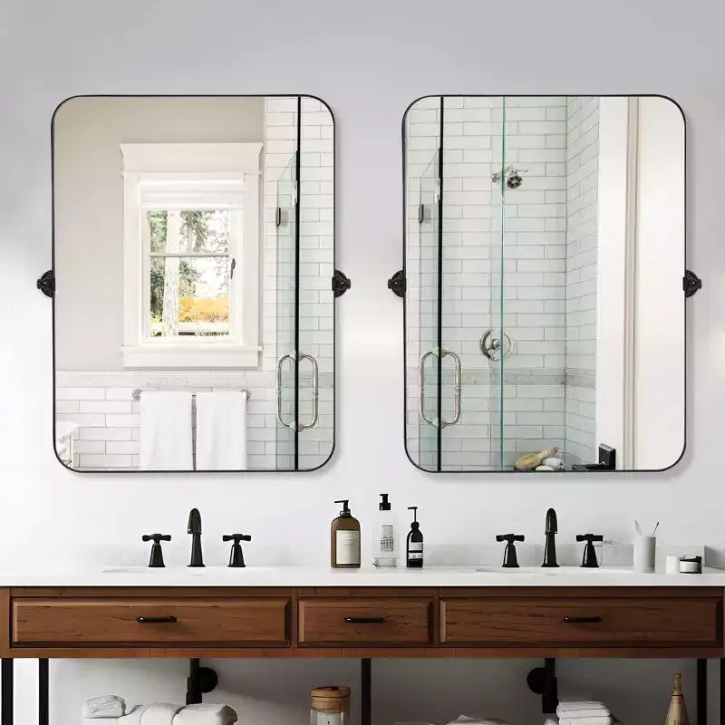 Miroir mural rectangulaire suspendu en fer à coins arrondis, 1 pièce, noir, 23 po L x 31 po H