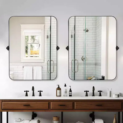Miroir mural rectangulaire suspendu en fer à coins arrondis, 1 pièce, noir, 23 po L x 31 po H