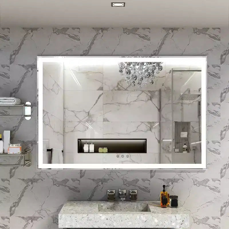 Miroir de salle de bain rectangulaire Acekool 60 x 40 pouces avec cadre argenté, tactile intelligent, luminosité réglable, fixation murale, horizontal ou vertical