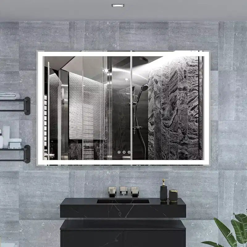 Miroir de salle de bain rectangulaire Acekool 60 x 40 pouces avec cadre argenté, tactile intelligent, luminosité réglable, fixation murale, horizontal ou vertical