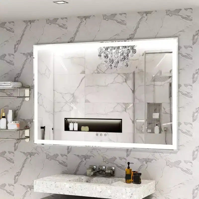 Miroir de salle de bain rectangulaire Acekool 60 x 40 pouces avec cadre argenté, tactile intelligent, luminosité réglable, fixation murale, horizontal ou vertical