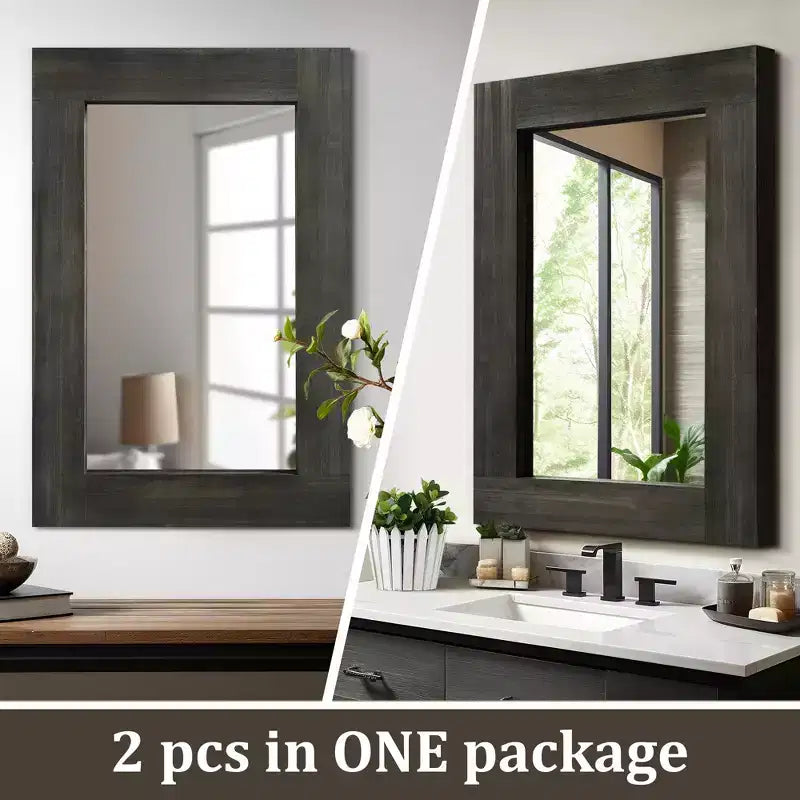 Lot de 2 miroirs muraux rectangulaires à suspendre avec cadre en bois massif brun de 91 cm de haut x 61 cm de large, à bord large et angle droit creux.