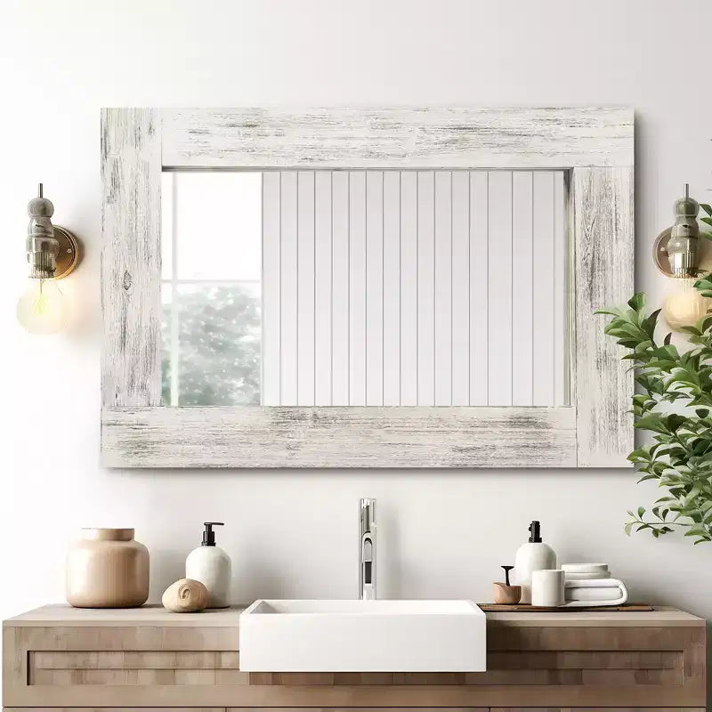 Lot de 2 miroirs muraux rectangulaires à suspendre avec cadre en bois massif brun de 91 cm de haut x 61 cm de large, à bord large et angle droit creux.