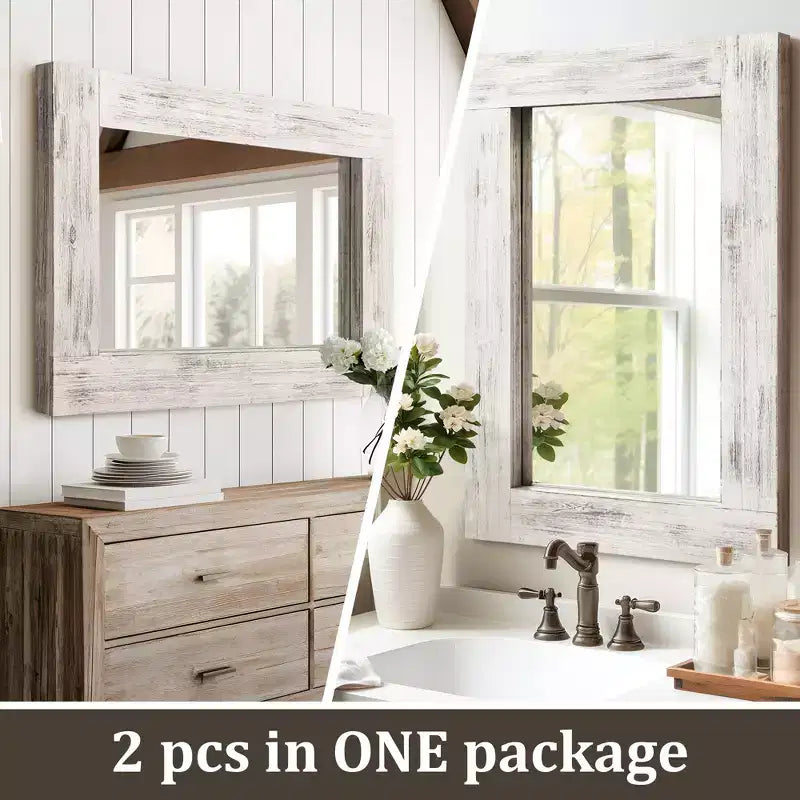 Lot de 2 miroirs muraux rectangulaires à suspendre avec cadre en bois massif brun de 91 cm de haut x 61 cm de large, à bord large et angle droit creux.