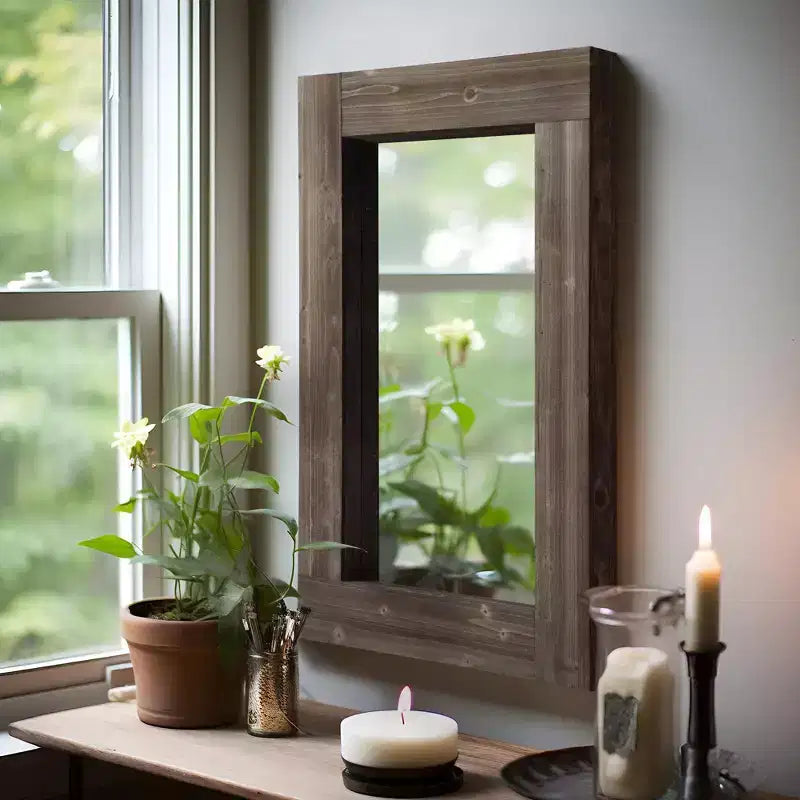 Lot de 2 miroirs muraux rectangulaires à suspendre avec cadre en bois massif brun de 91 cm de haut x 61 cm de large, à bord large et angle droit creux.