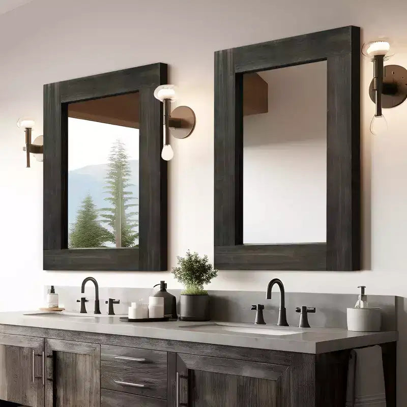 Lot de 2 miroirs muraux rectangulaires à suspendre avec cadre en bois massif brun de 91 cm de haut x 61 cm de large, à bord large et angle droit creux.