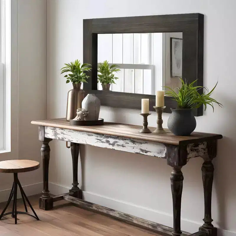 Lot de 2 miroirs muraux rectangulaires à suspendre avec cadre en bois massif brun de 91 cm de haut x 61 cm de large, à bord large et angle droit creux.