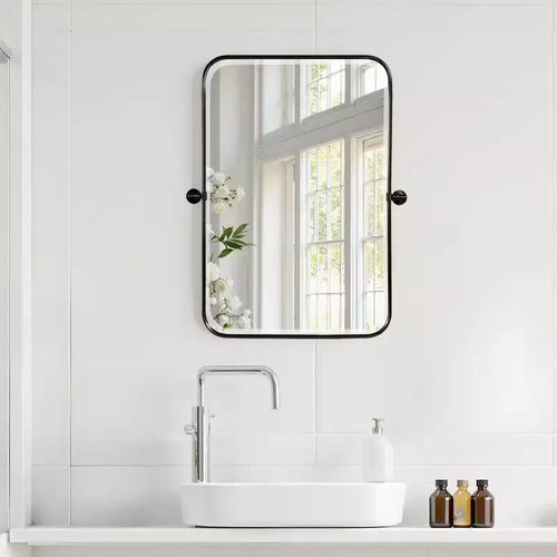1 pièce, miroir mural cadre, rectangulaire arrondi, en fer forgé, noir, pivotant, 91 cm H x 61 cm L