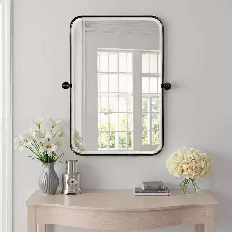1 Piece 36 In.H x 24 In.W Iron Art Rounded Rectangle Black Rotating Hardware Hanging Mirror Frame Wall Mirror