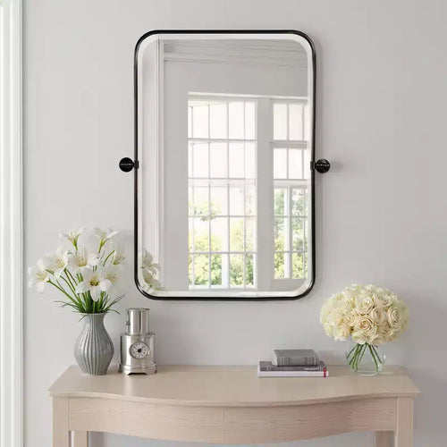 1 Piece 36 In.H x 24 In.W Iron Art Rounded Rectangle Black Rotating Hardware Hanging Mirror Frame Wall Mirror