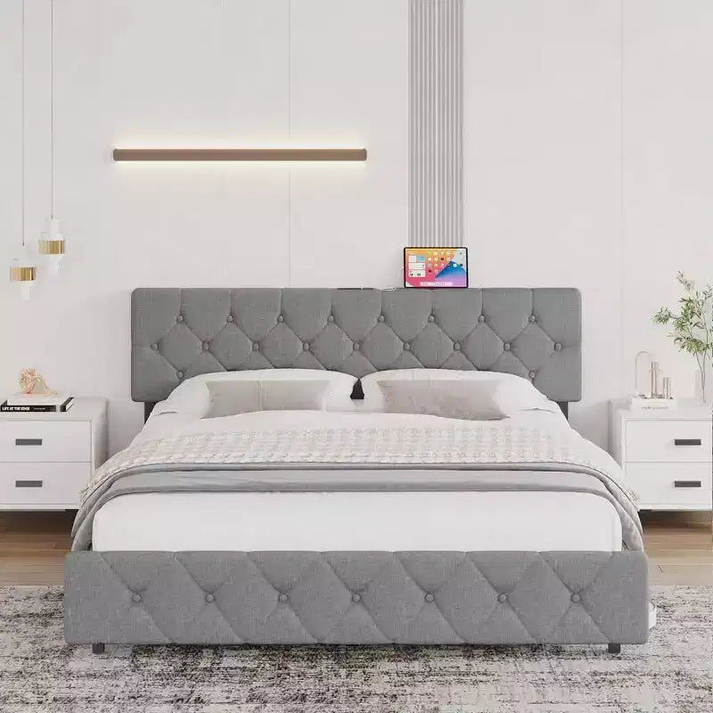 Bed Frame, Full Size Bed - Upholstered Platform with Adjustable Headboard, Linen Fabric, USB Ports, No Box Spring Needed (Light Gray)